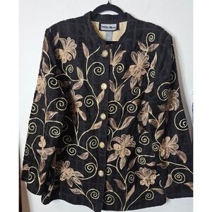 Indigo Moon Grandmacore Womens  Black Gold Floral Embroidered Button Jacket L